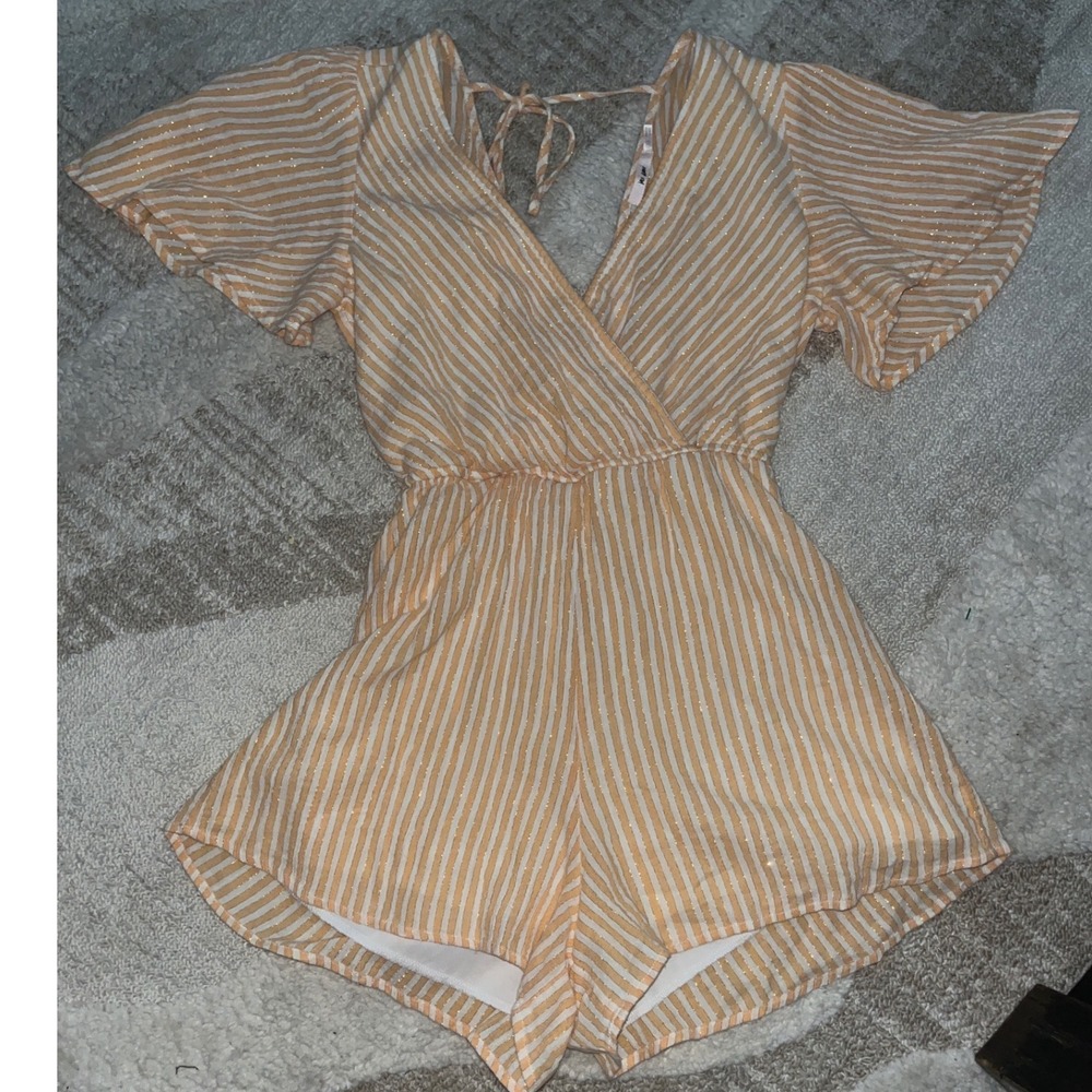 Mimi Chica Womens Orange White Striped Metallic Gold Romper Size XS Wrap Front